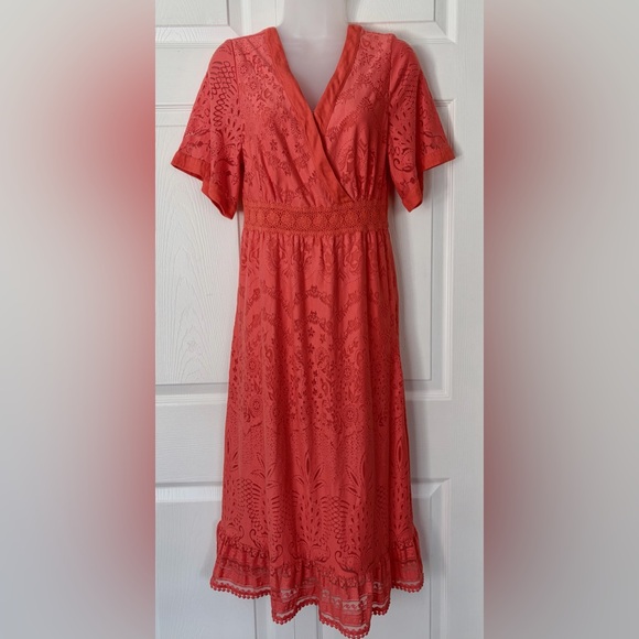Anthropologie Dresses & Skirts - FARM Rio Dress Devore Lace Dress Midi Orange size XS Petite